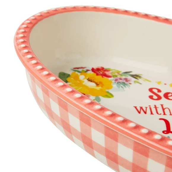 🌺 New Pioneer Woman 2-Piece Heart Shaped Ceramic Dish, Teal Blue & Pink Gingham - Picture 6 of 9